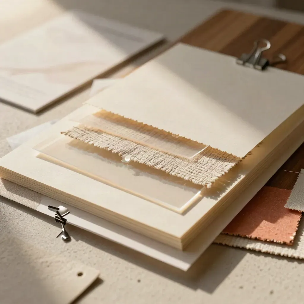 Layered cream papers, acetate, and fabric swatches with a coral accent.
