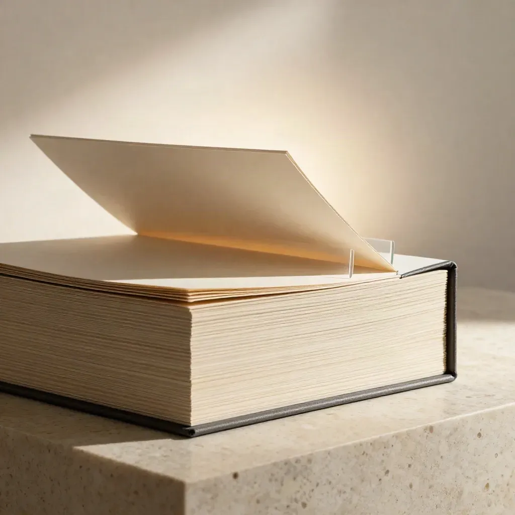 Open pitch deck case with linen boards and translucent divider on a travertine plinth.