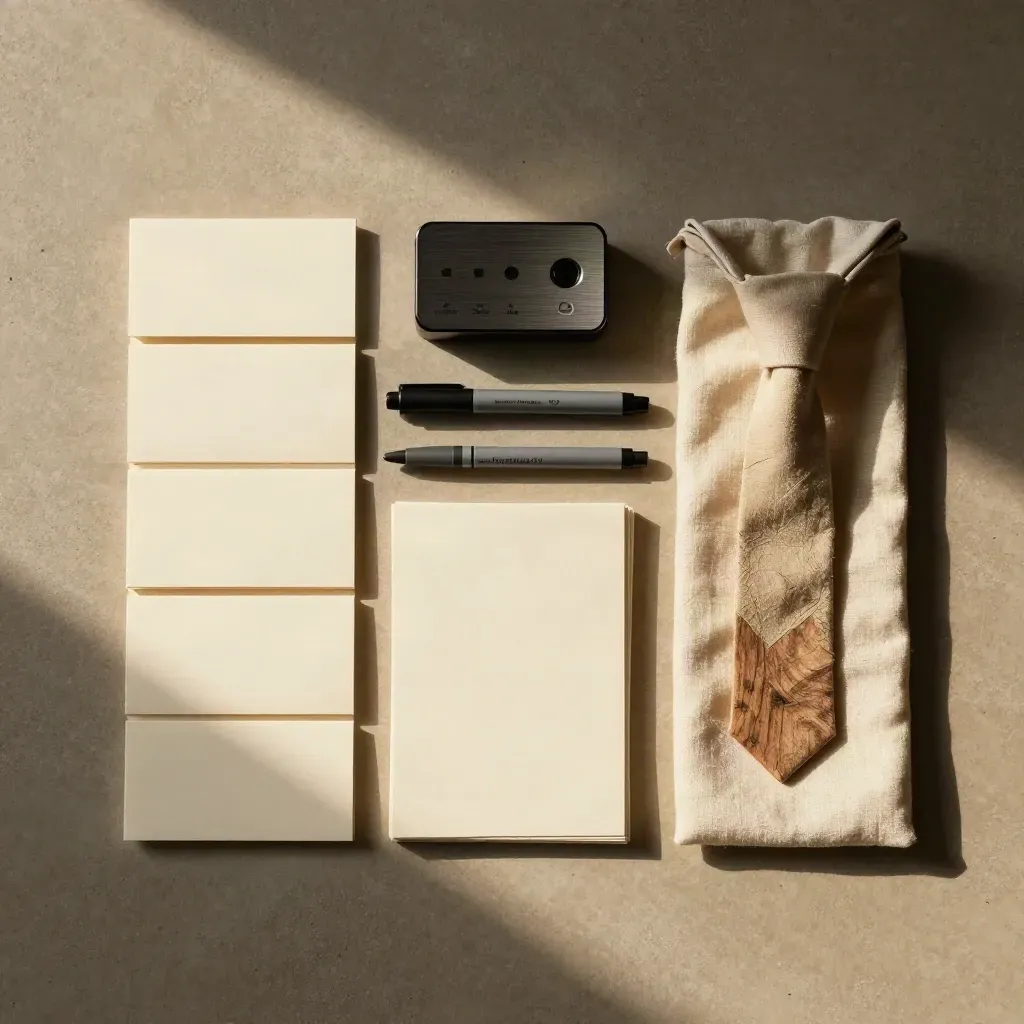 Overhead workshop kit flatlay with tent cards, markers, timer and cloth pouch on concrete.