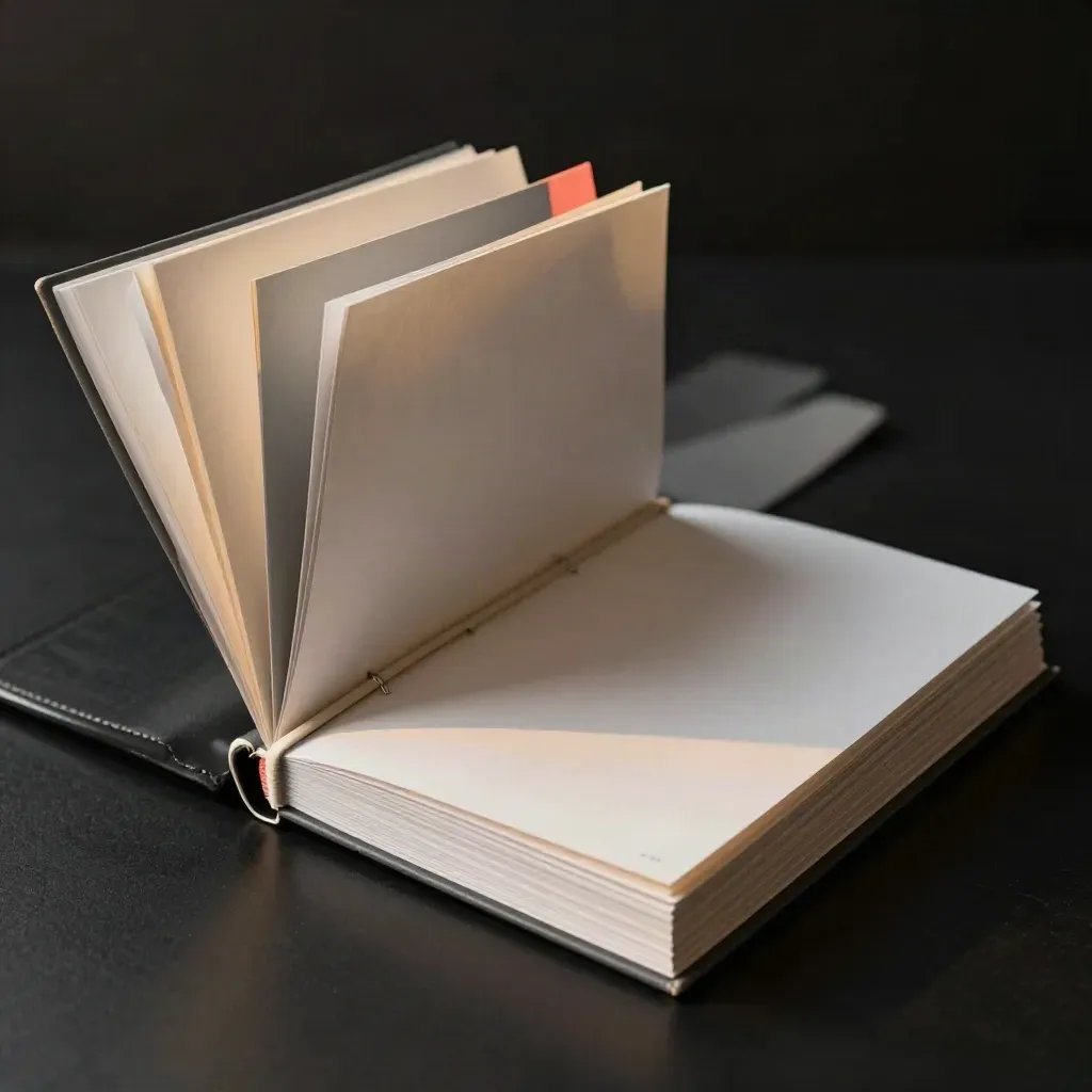 Ring-bound social post plan folio with fanned tabs and coral accent on a dark studio slab.