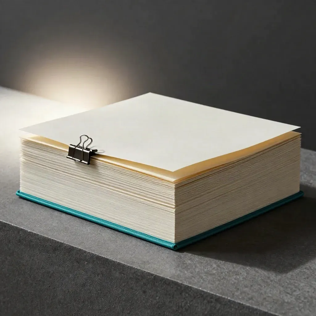 Macro side view of layered monthly folders, clip and teal sleeve on a graphite ledge.