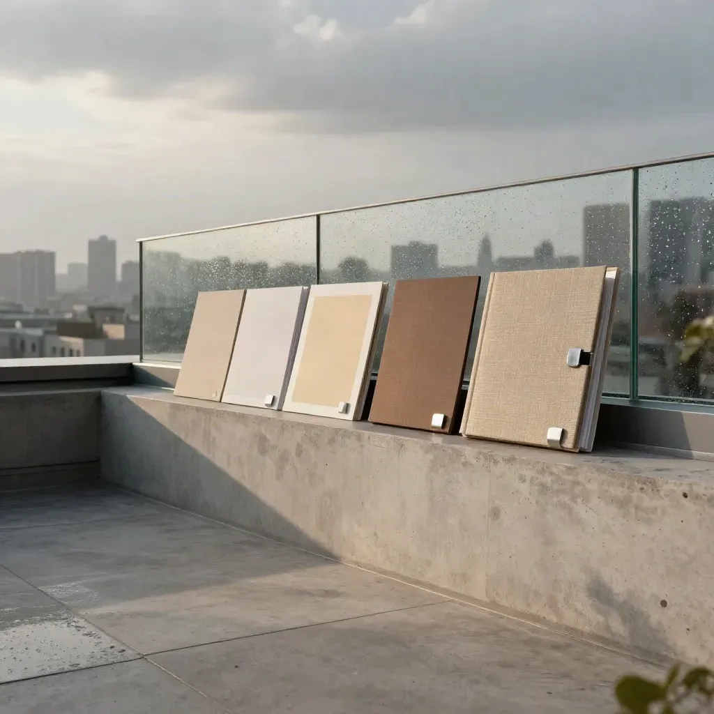 Rain-clean rooftop terrace with pitch-deck materials, misty city skyline, and calm concrete copy space.