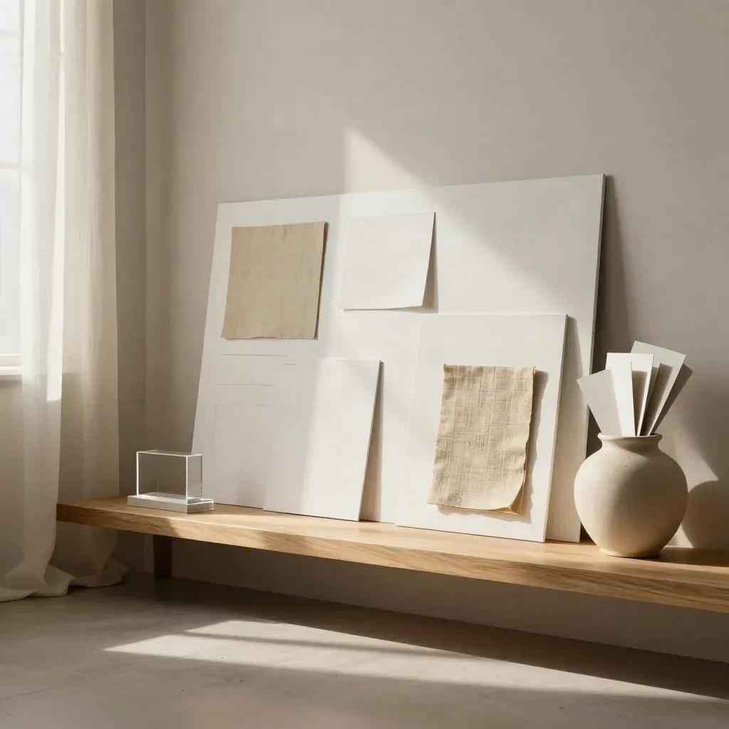 Warm studio corner with concept boards, linen swatches, and sculptural paper forms on a blond shelf