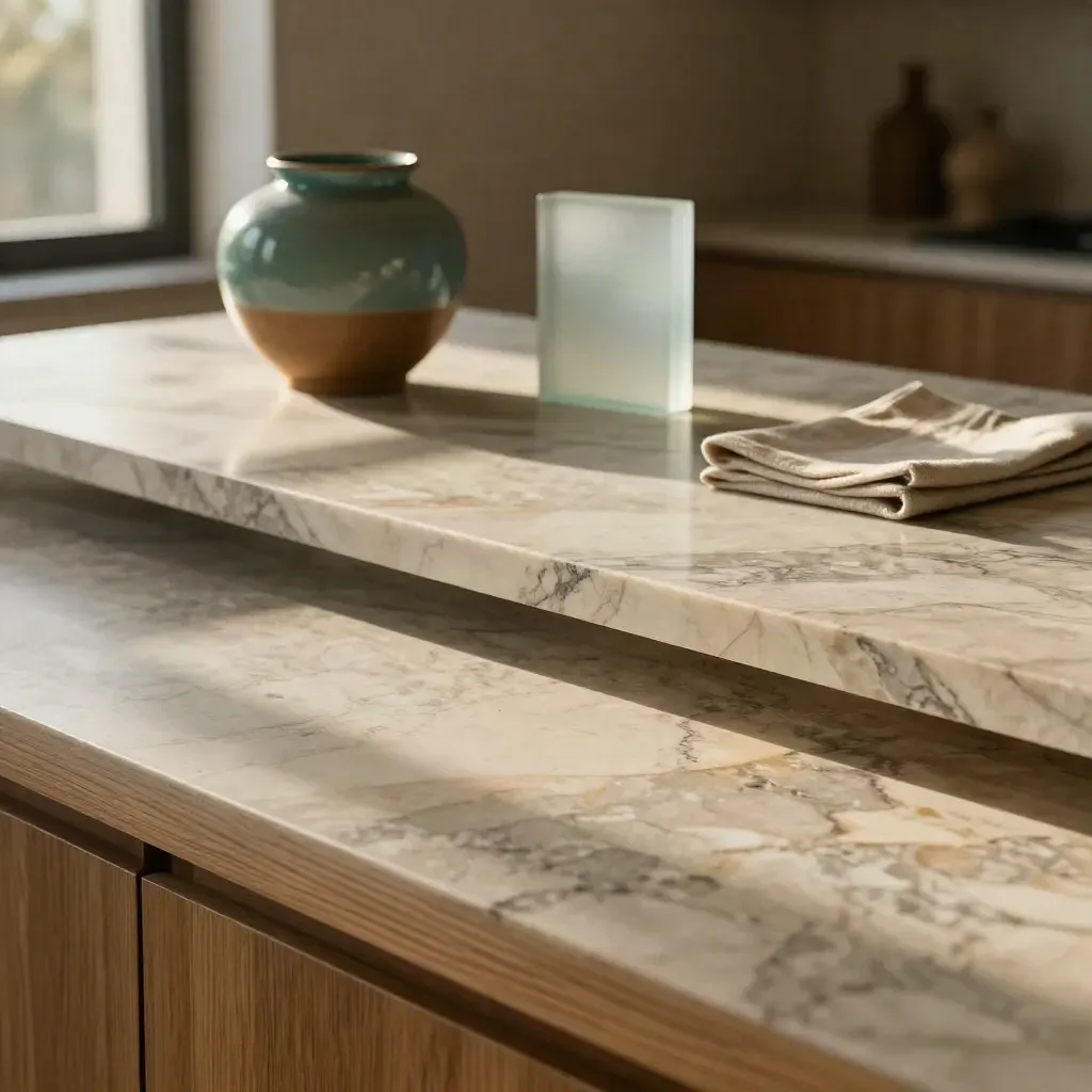 Marble counter with oak ledge, ceramic vessel, and soft daylight in a calm backdrop