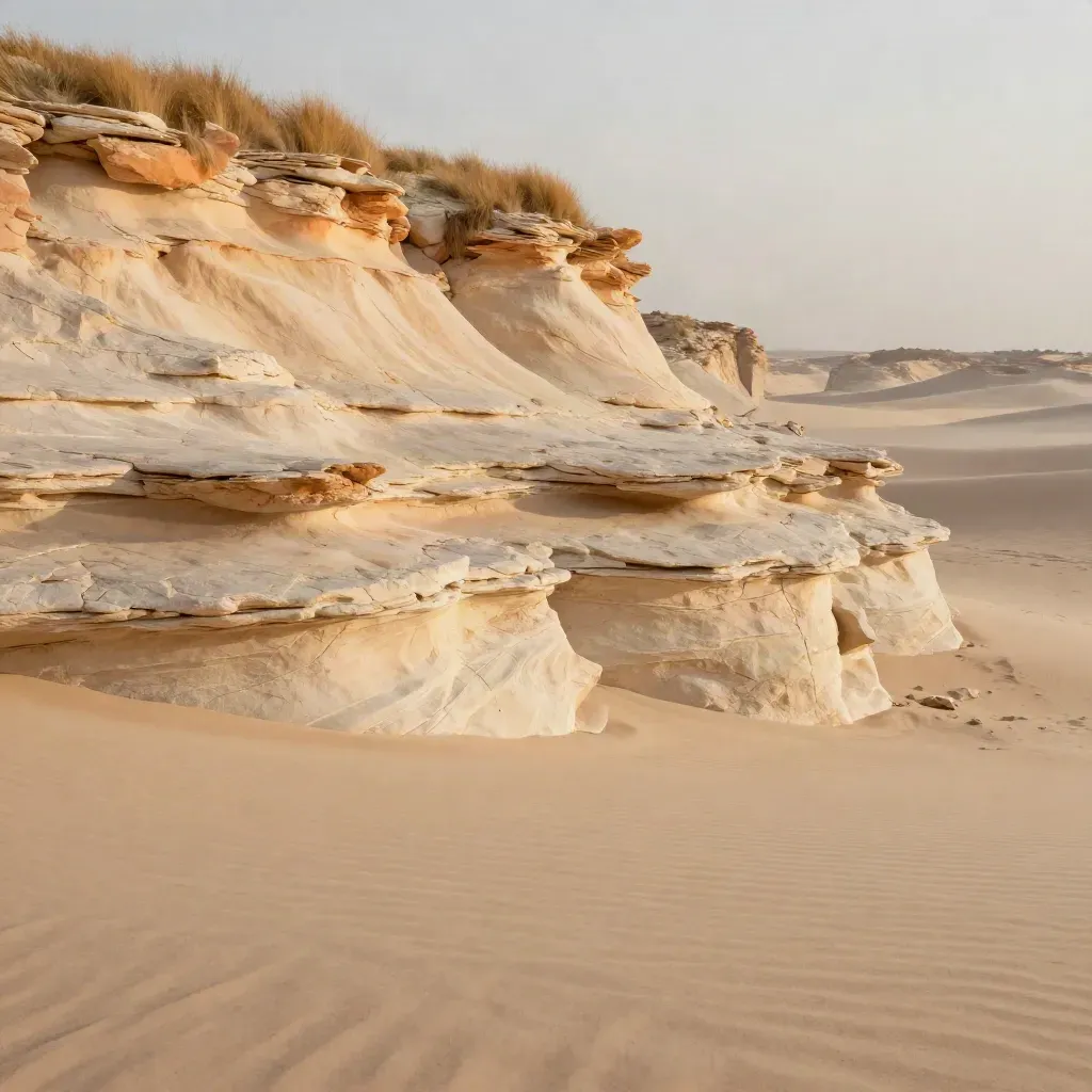 Golden desert overlook with layered rock shelves and soft grass band above calm haze.
