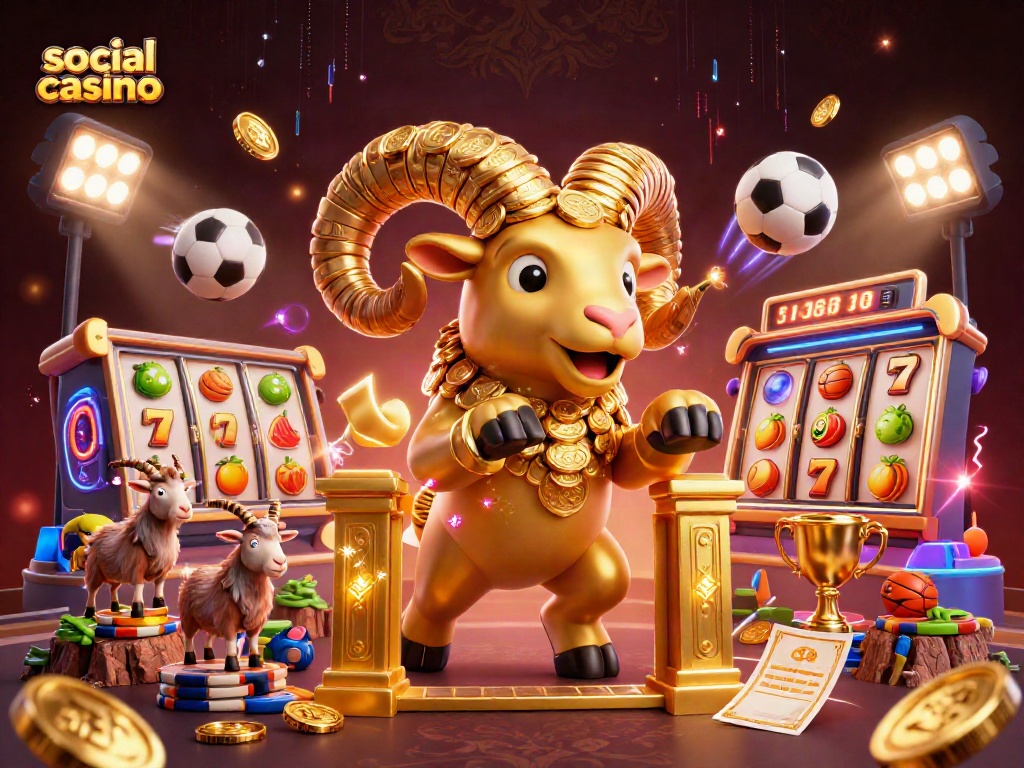 Engaging scene of a social casino featuring a golden ram charging with jackpot elements and dynamic sports action.
