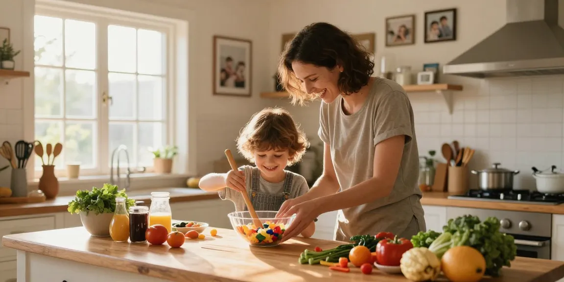 Family cooking together at thestorybookstomach.com with colorful ingredients and joyful interactions.