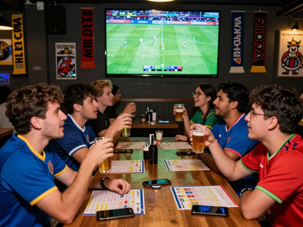 Excited fans engaging in judi bola at a lively sports bar during a football match.