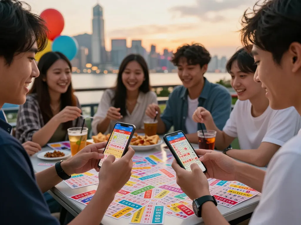 Teman-teman merayakan HK Lotto dengan tiket dan minuman di suasana perkotaan.