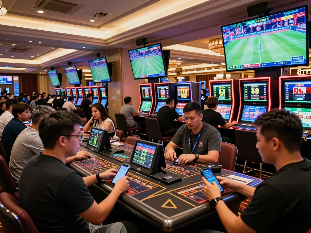 Tỷ lệ kèo nhà cái hôm nay highlighted as bettors analyze live sports odds in a luxury casino.