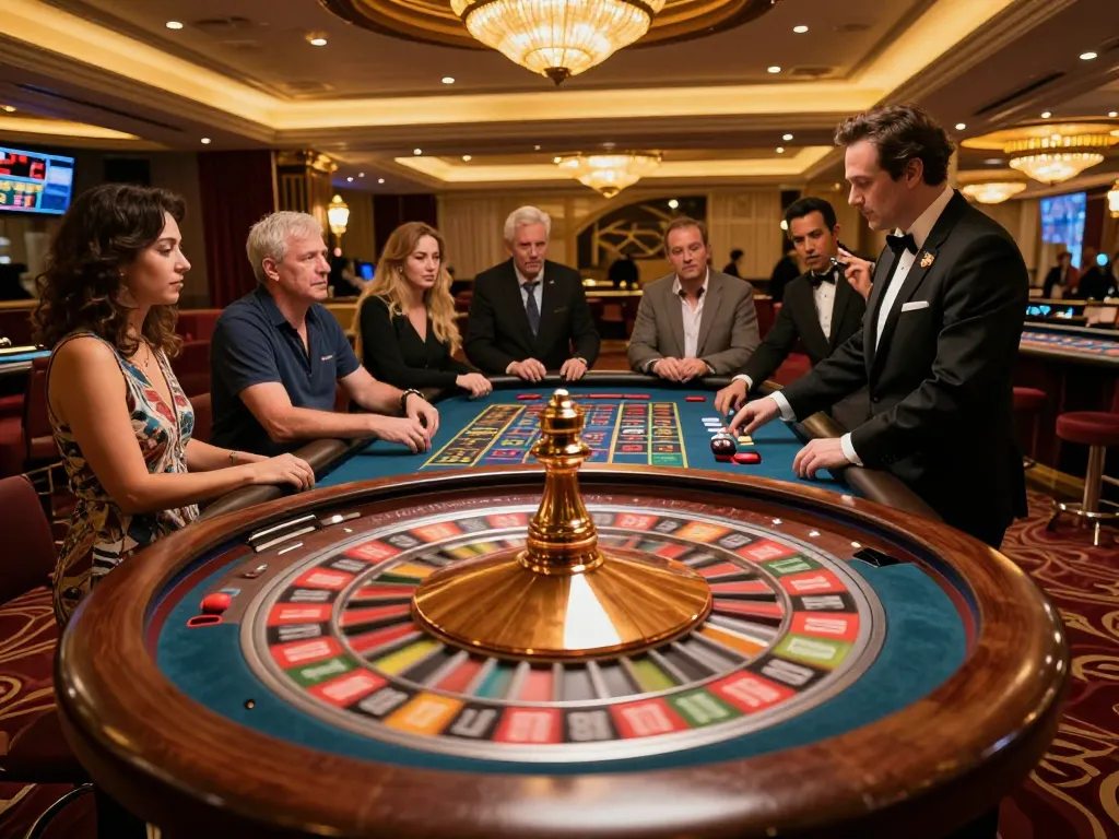 Engaged players watching the roulette wheel in action at https://fc88.today with an ornate, vibrant casino backdrop.