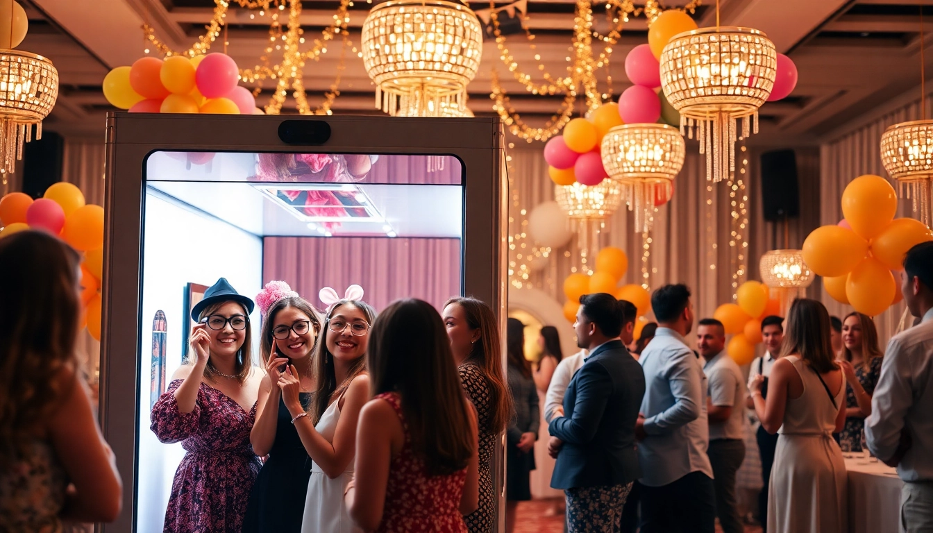 Engage in a lively photo booth rental experience filled with joyous moments and festive decorations.