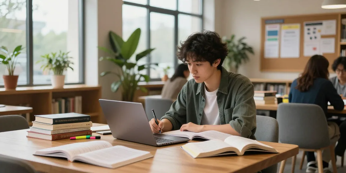 Student studying in a cozy library with notes and textbooks for vtuguru.com