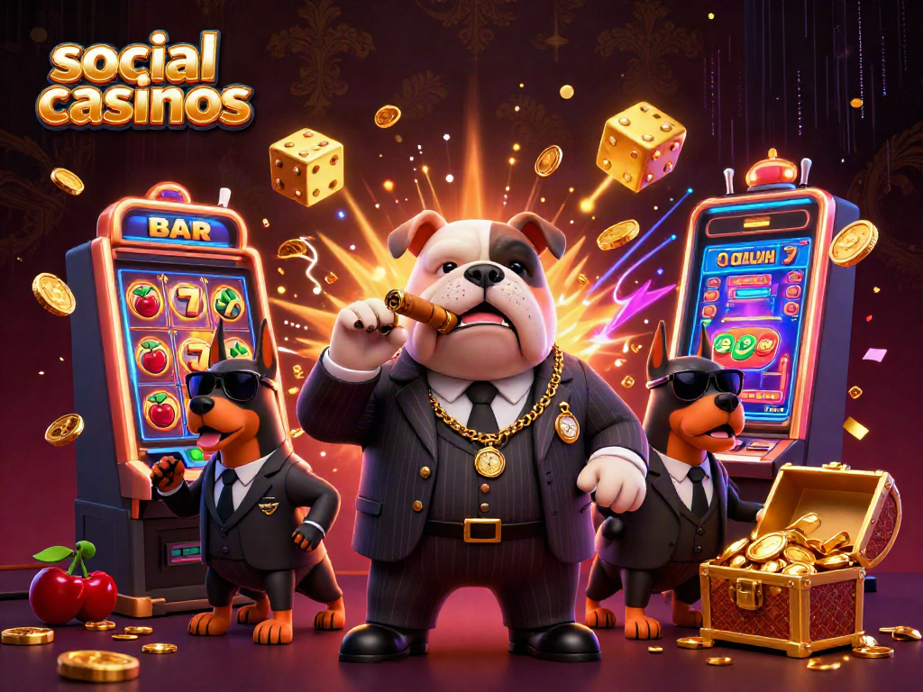 Experience exciting social casinos with a 3D mafia bulldog and vibrant casino elements.