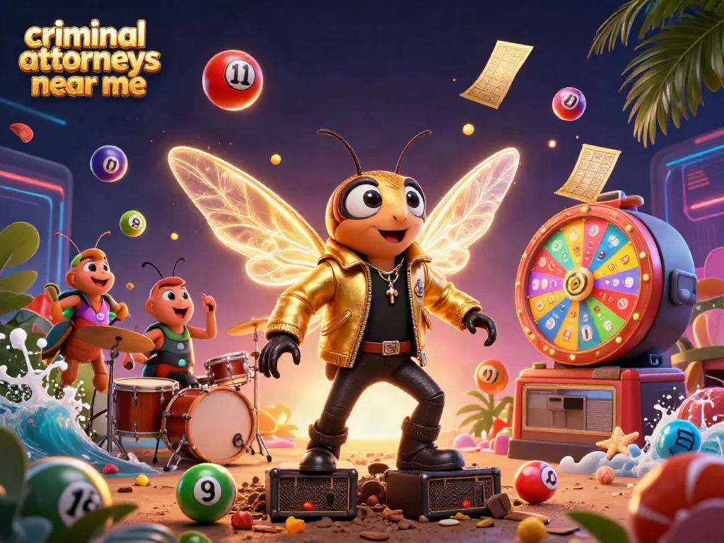 Engaging scene of animated characters in a casino, featuring criminal attorneys near me amid vibrant lottery elements and festive atmosphere.