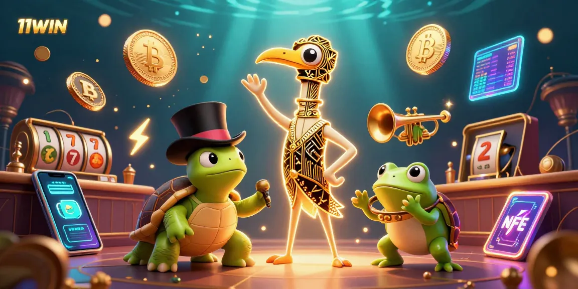 Spin the reels with 11WIN in a vibrant casino illustration featuring engaging characters.