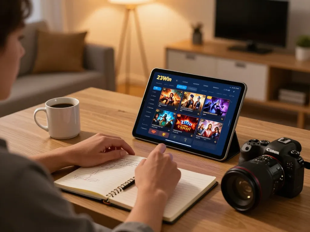 Engaging with the 23Win app for responsible online gaming in a cozy home office setup.