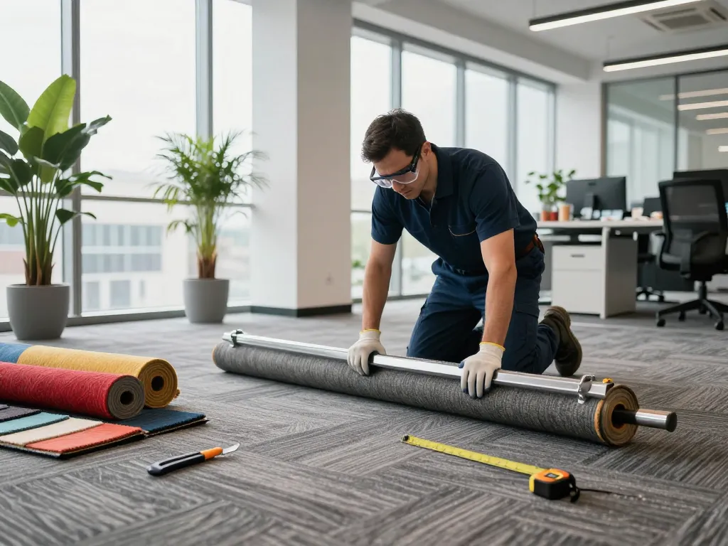 Expert in commercial carpet installation working on new office flooring with vibrant samples and professional tools.