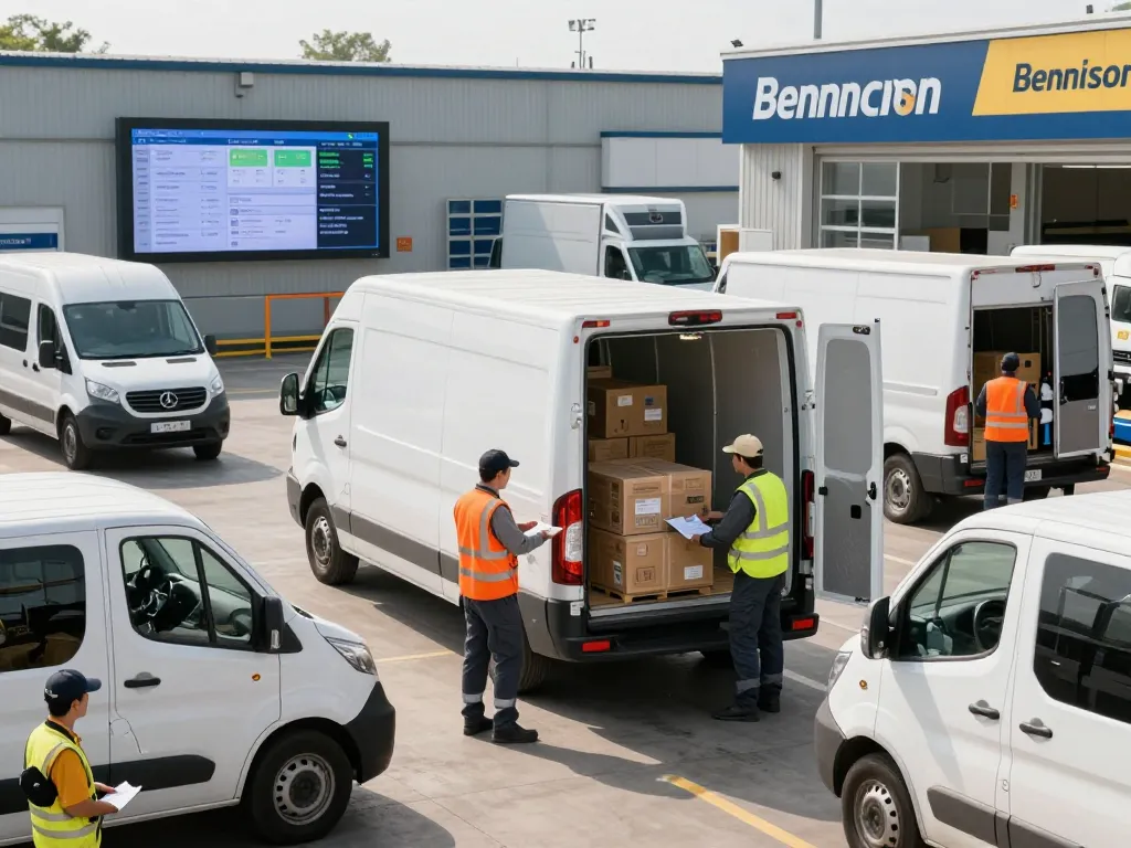 Haulage logistics scene with Bennison Transport driver loading tracked van for timely delivery.