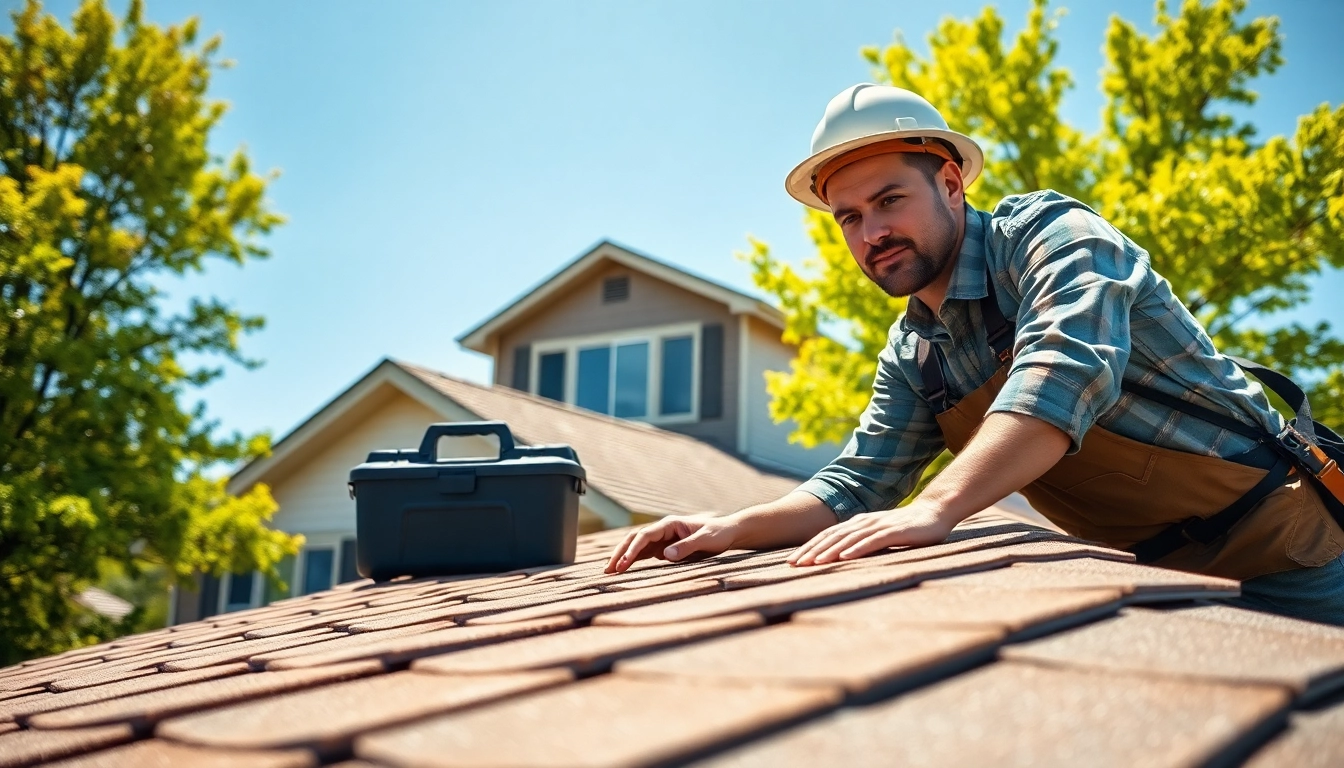 Roofing contractor repairing shingles on a residential home, showcasing expertise and focus.