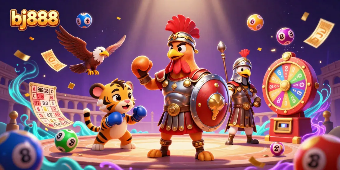 Enter the exciting world of bj888 with a dynamic scene featuring a gladiator rooster and game elements.