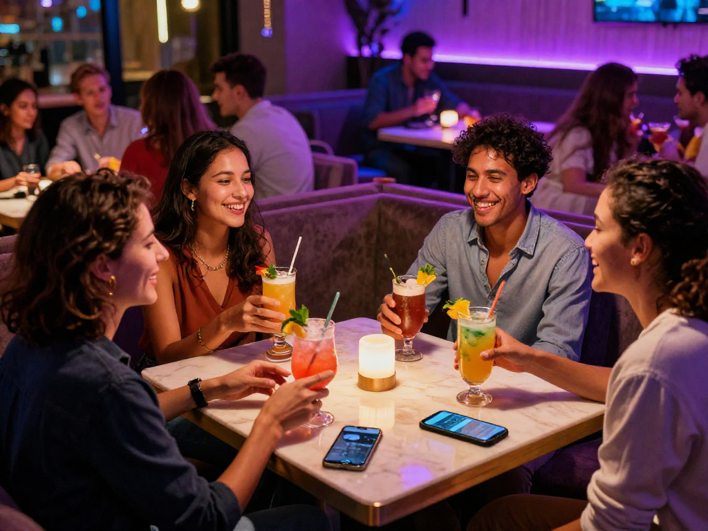Friends enjoying vibrant nightlife with rokok88 cocktails in modern lounge.