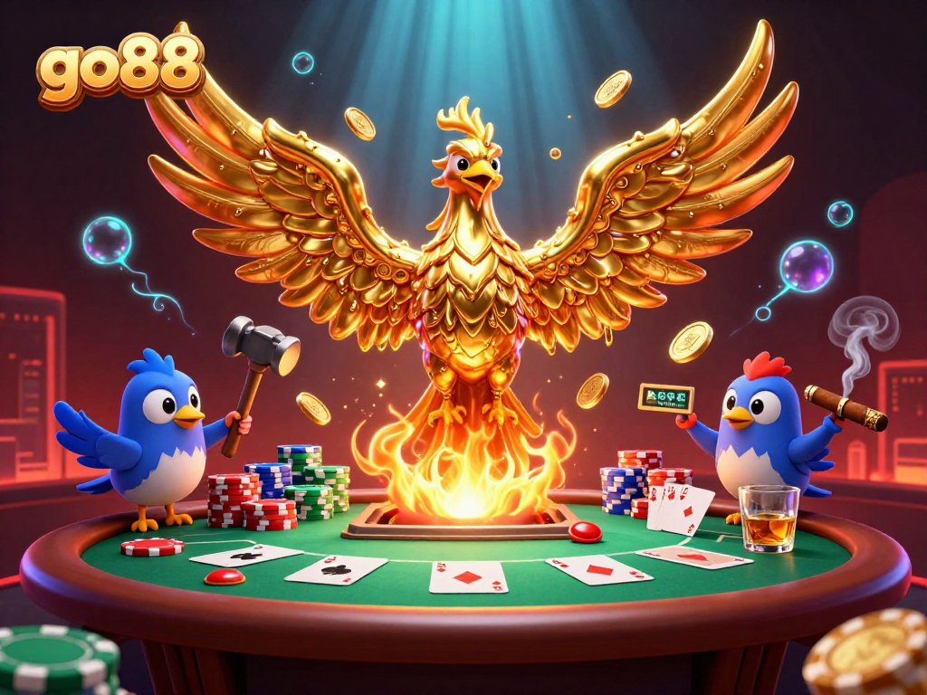 Play exciting games at go88 with a vibrant 3D depiction of a molten gold phoenix and poker elements.