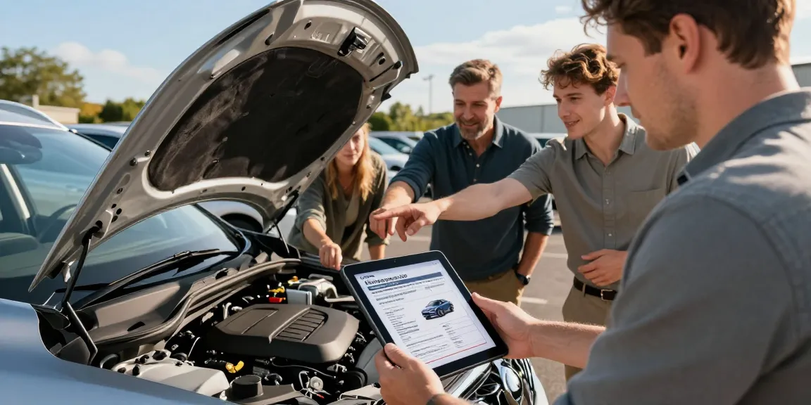 Car buyer using a car history check UK report to assess a vehicle with friends, ensuring informed purchase.