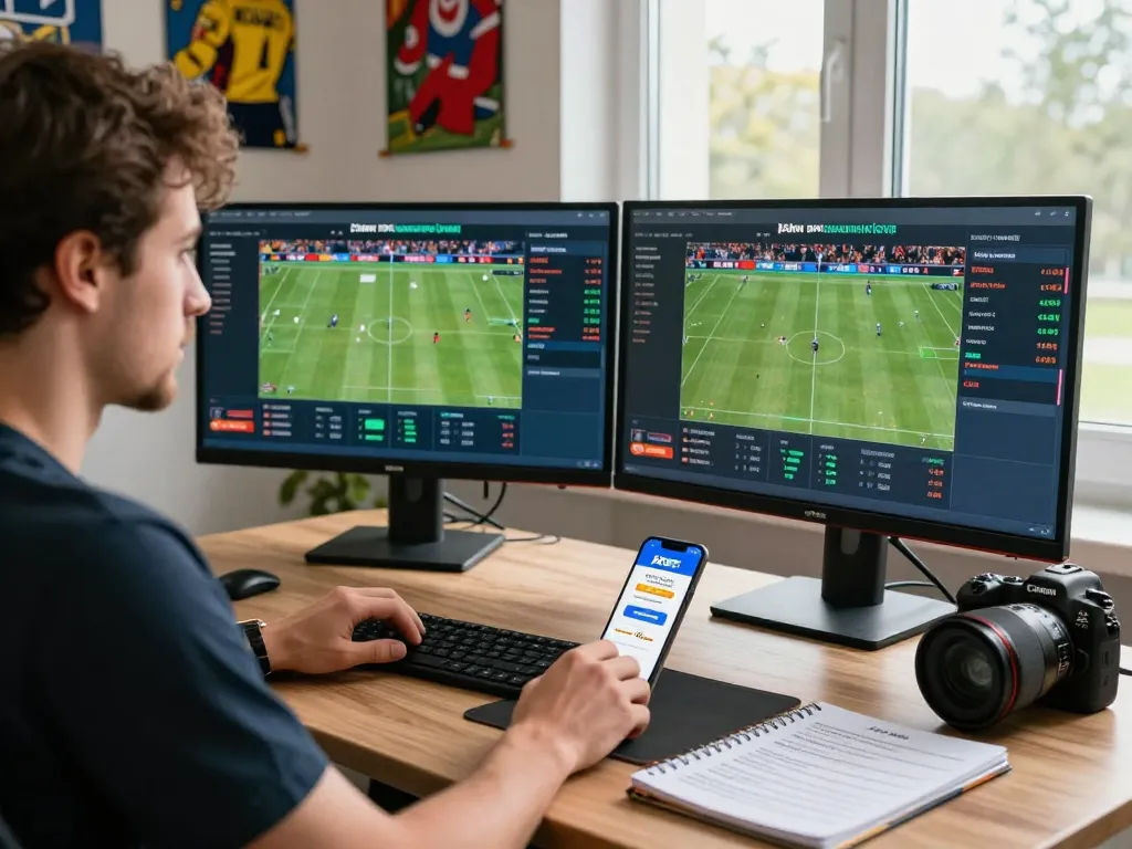 Exciting online betting environment showcasing 1xbet bonus offers on screens, highlighting a passionate sports enthusiast's experience.