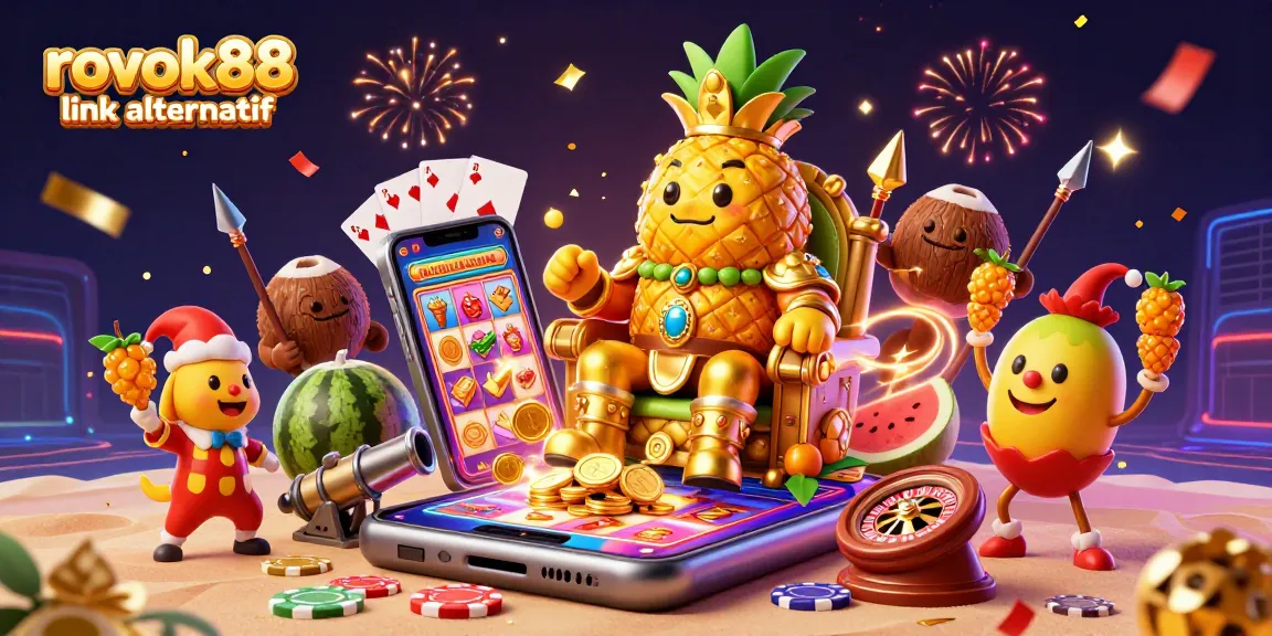 Engage with rokok88 link alternatif through a vibrant 3D casino illustration packed with colorful gaming elements.