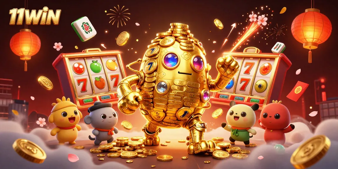 Engage with 11WIN's thrilling slot games featuring a golden golem amidst vibrant symbols and festive elements.