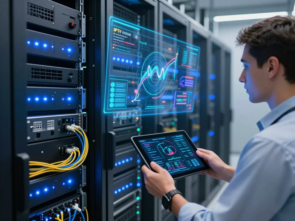 IPTV reseller technology in a modern data centre with server racks and advanced systems monitoring software solutions.