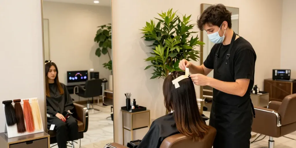 Applying invisible tape in hair extensions human hair at a beauty salon, showcasing a professional transformation.