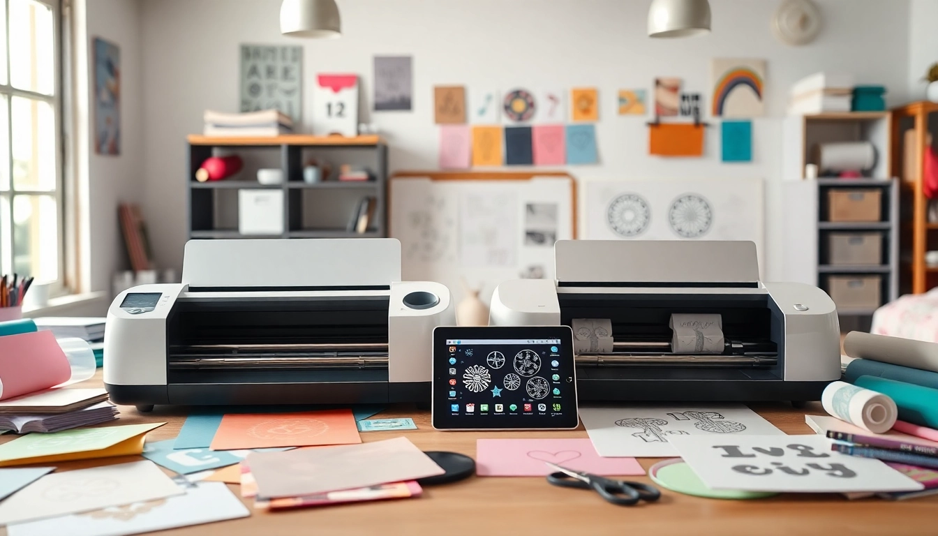 Side-by-side comparison of silhouette vs cricut machines in a vibrant crafting studio.