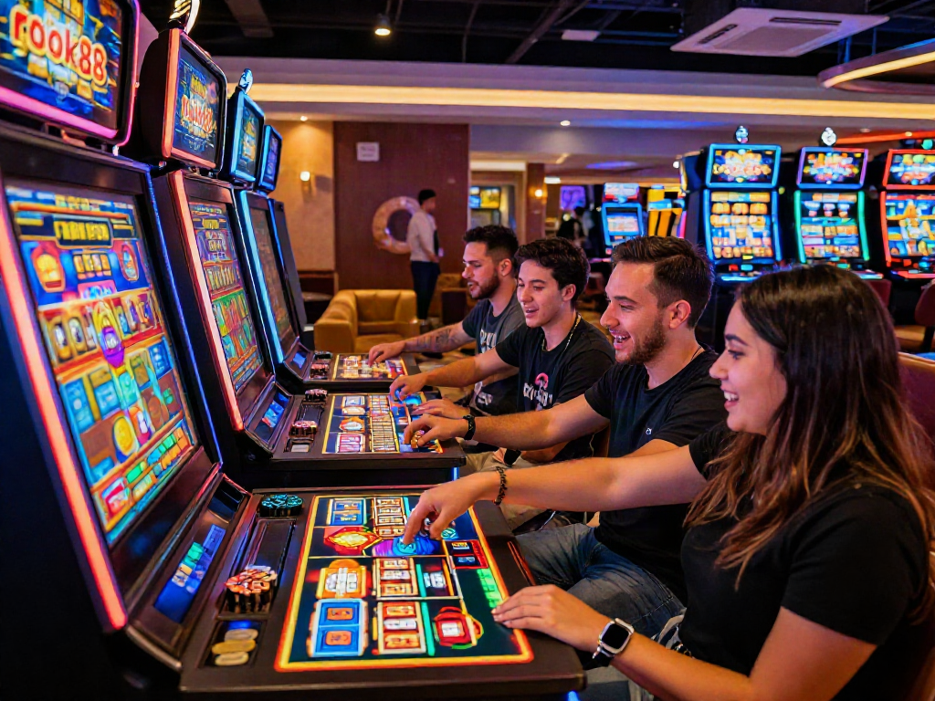 Exciting moment at the rokok88 slot machine in a lively casino.
