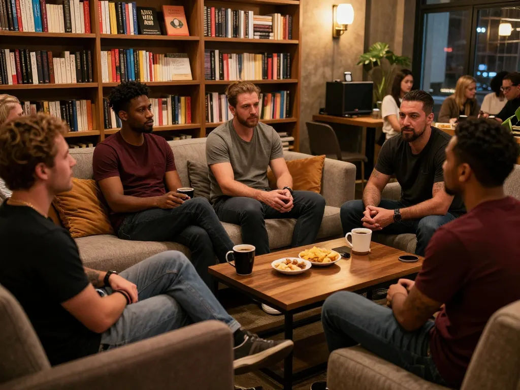 Men engaging in meaningful conversations at a man club gathering, fostering camaraderie and support.