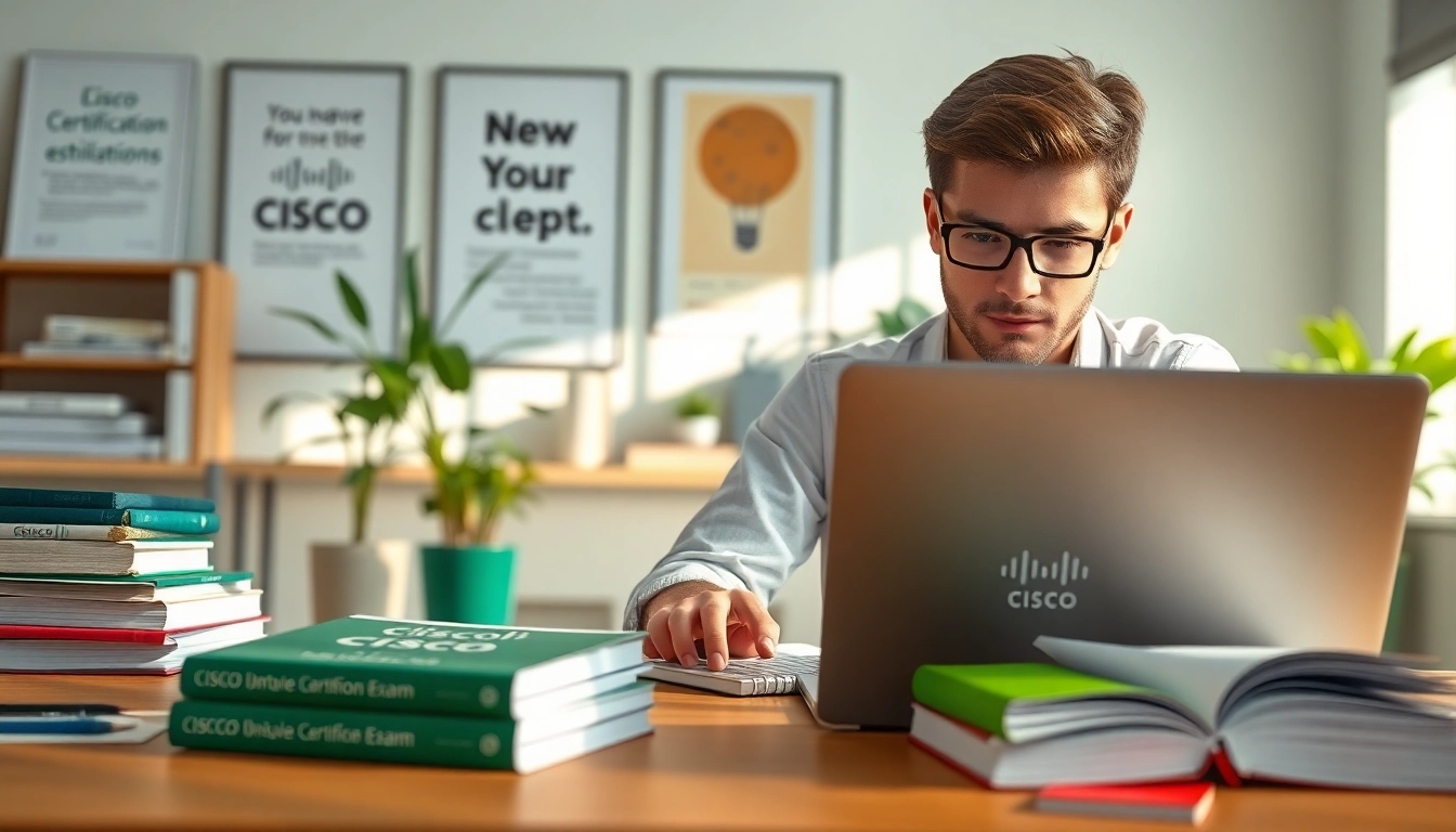 Cisco exam assistance in a bright study setting, featuring a focused student with certification materials.