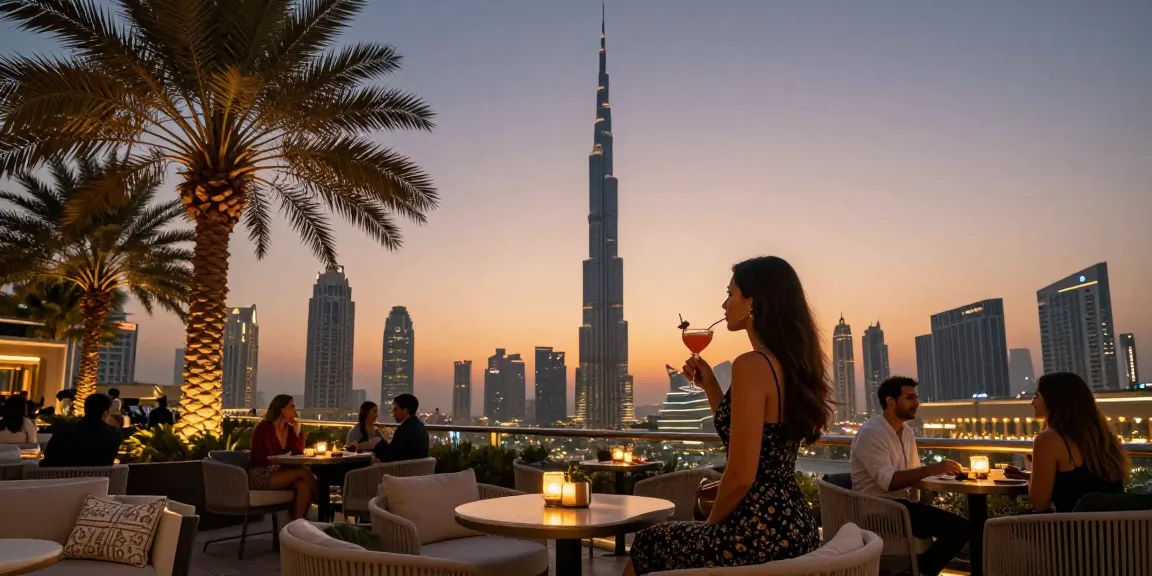 Dubai skyline as a backdrop with stylish woman enjoying a cocktail at sunset, highlighting luxury experiences offered on osmdubai.com.