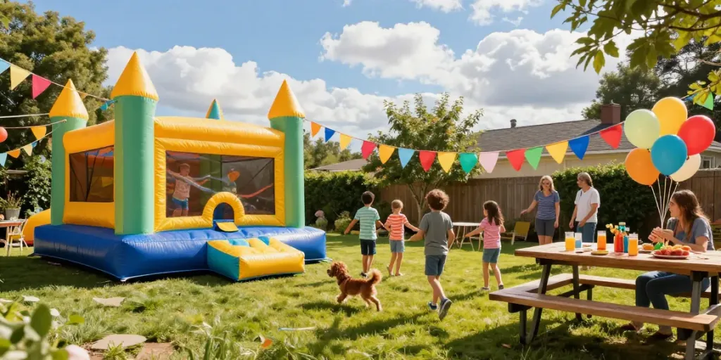 Children enjoying an inflatable bounce house at a lively backyard party, capturing the essence of fun and joy.