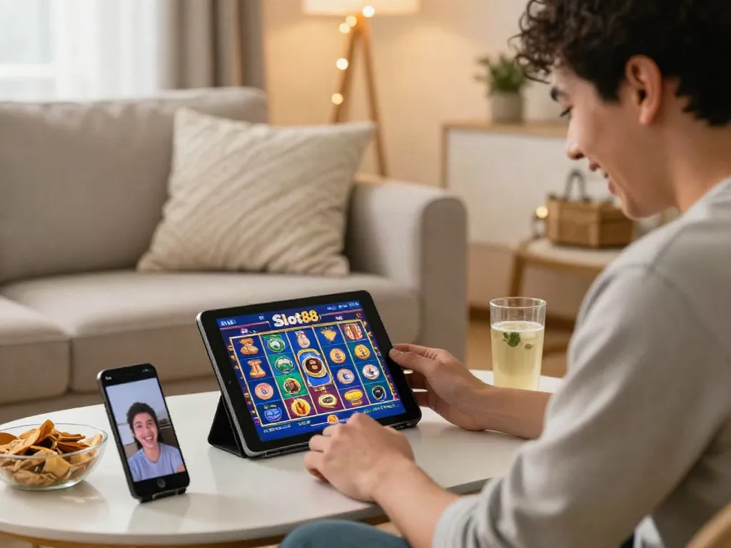 Player engaging with situs gacor on Slot88 tablet in cozy living room.