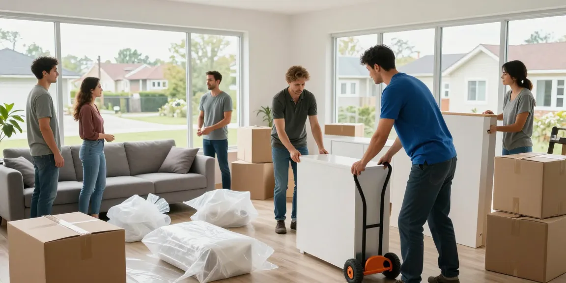 Movers from https://ucuzatasin.com.tr packing furniture in a bright living room, showcasing a stress-free moving experience.