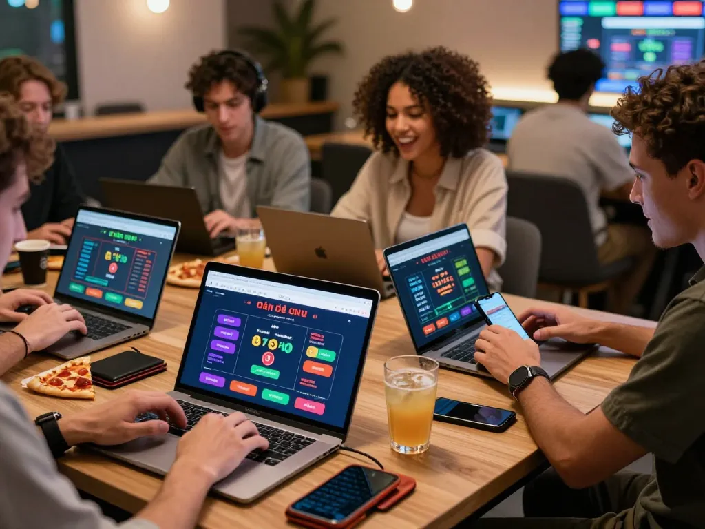 Diverse players engaging in đánh đề online with laptops and smartphones in a vibrant gaming room.
