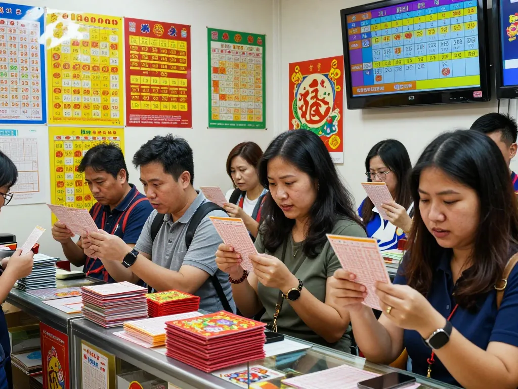 Pemain yang bersemangat memeriksa tiket lotere HK di tempat yang meriah, menunjukkan sensasi Togel Hongkong.