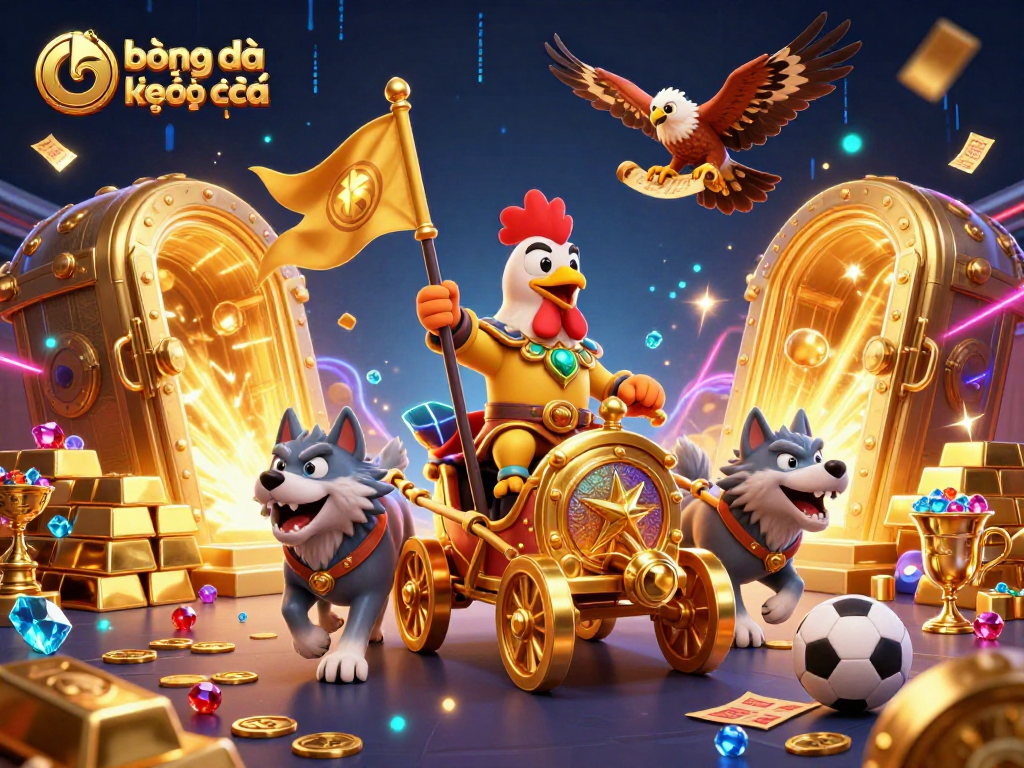 Engage in bóng đá kèo nhà cái betting with this vibrant 3D illustration of a rooster warlord in a golden chariot.