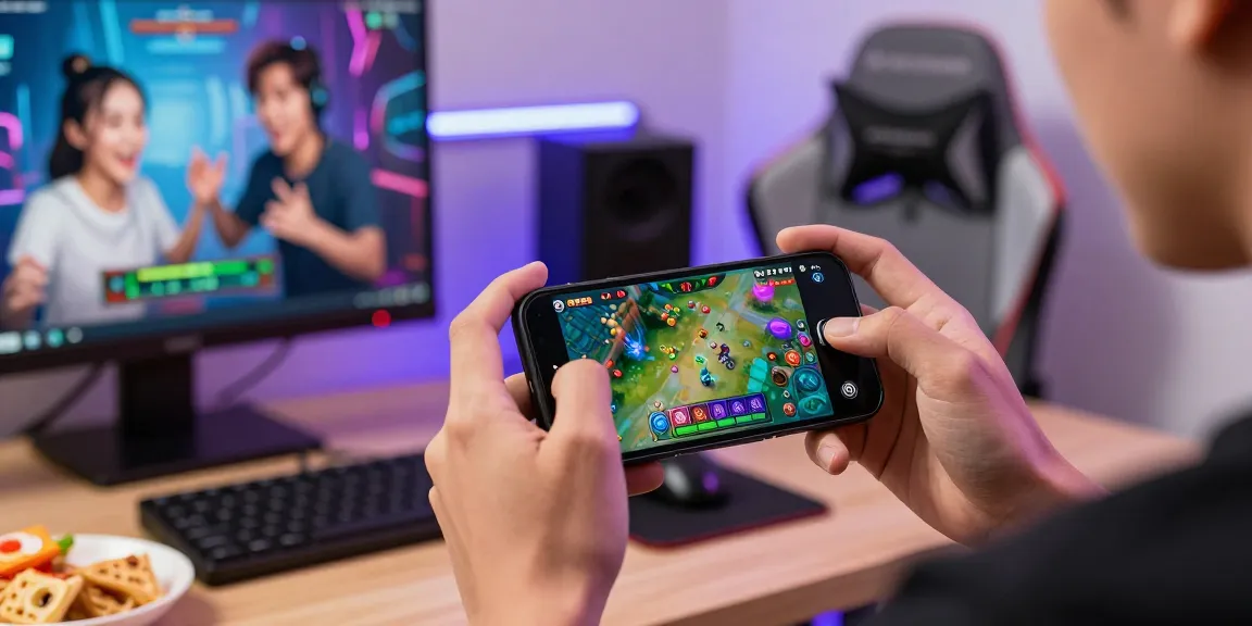 Engaging player using the IE777 game app on smartphone, surrounded by vibrant gaming graphics.