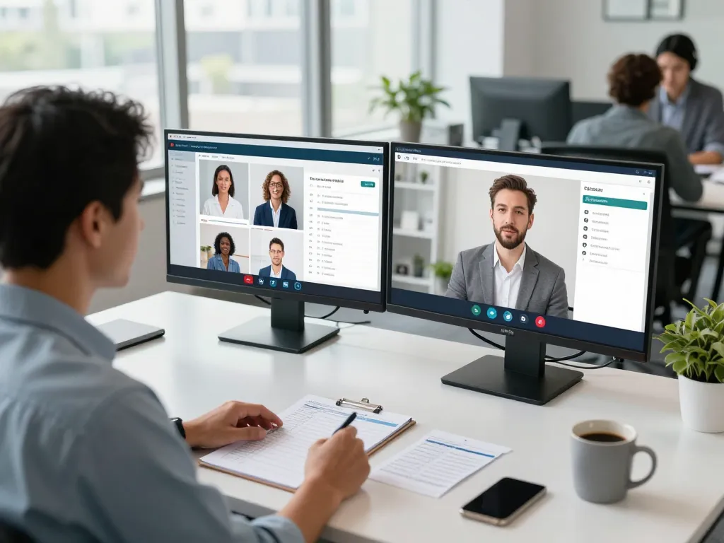 Recruiter using AI phone interviewer technology to streamline candidate evaluation in a modern office.