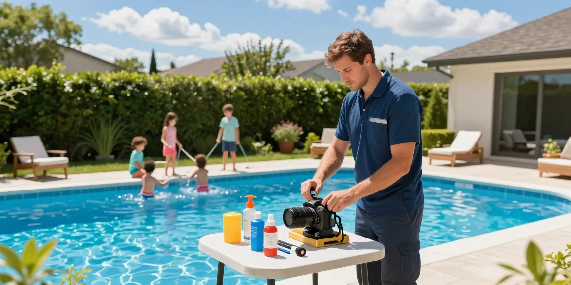 Dolphin Pool Services technician performing maintenance on a residential pool, ensuring quality service and customer satisfaction.