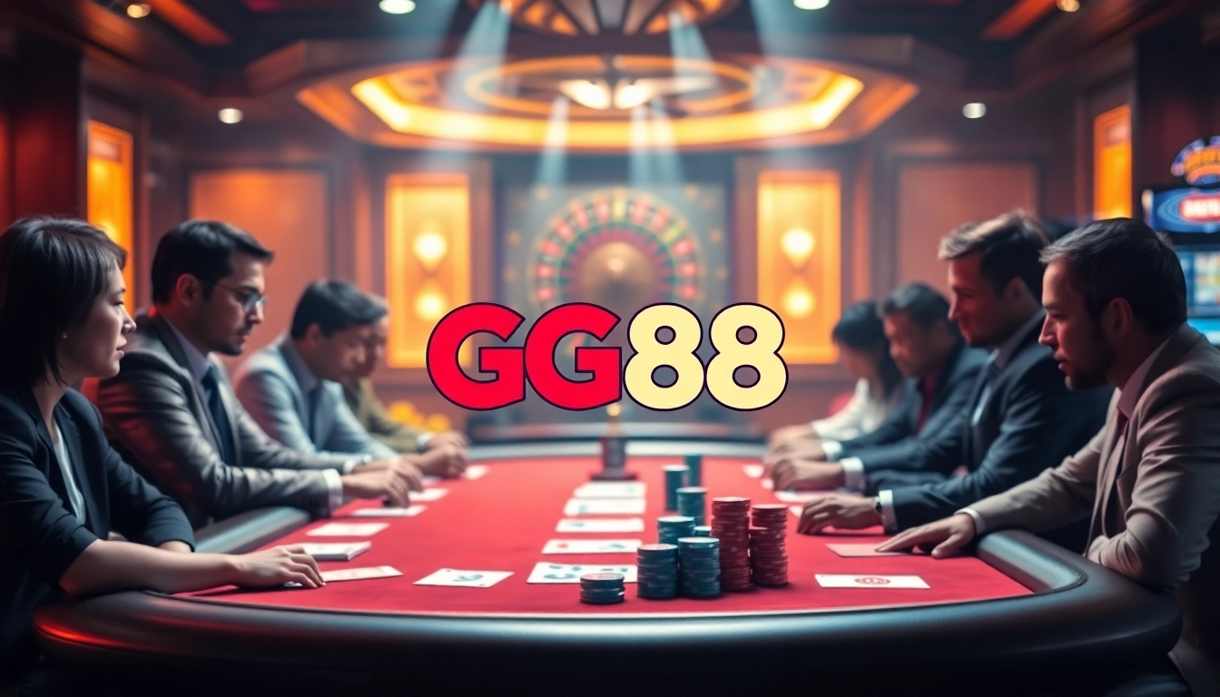 Experience the excitement of GG88's gaming world with poker chips, cards, and a roulette wheel.