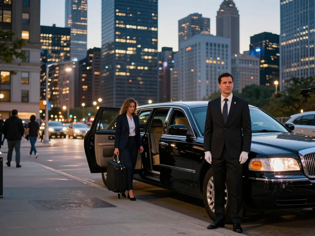 Limousine service Chicago IL featuring a professional chauffeur with a Lincoln Continental in downtown Chicago.
