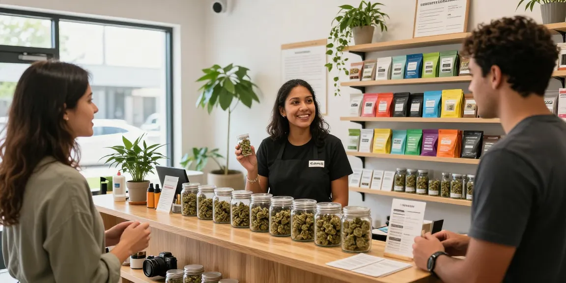 Shop premium cannabis products at https://greatcanadianbuds.com in a vibrant dispensary with engaging budtender and colorful strains.